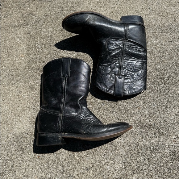 Justin Boots Black Leather Roper Cowboy Western Boots Big Kids size 2/8.5 - Picture 1 of 14
